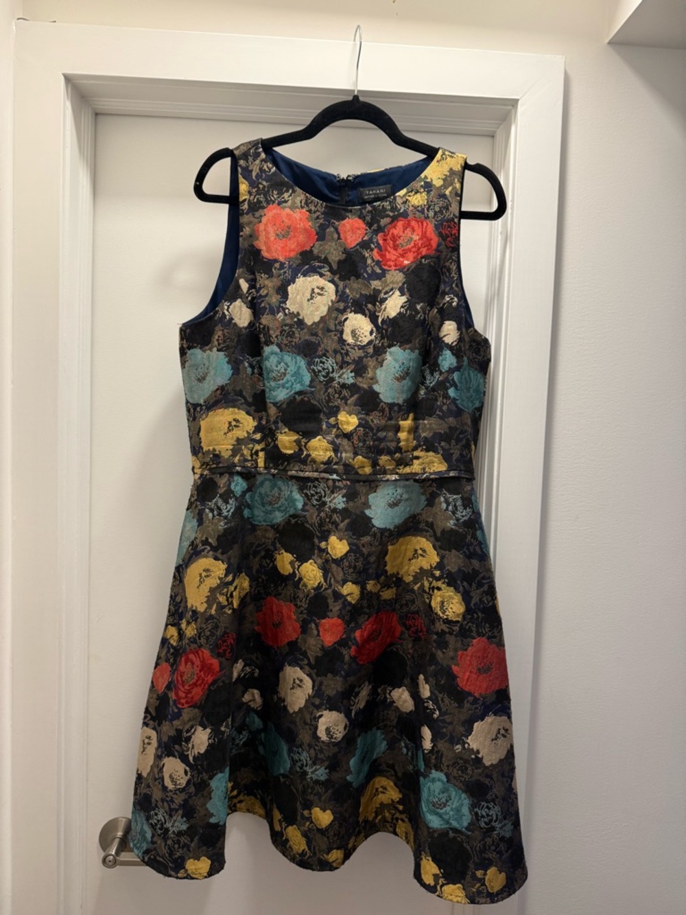 Tahari Navy Floral a-line Dress with Red, Yellow & Teal Flowers